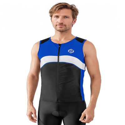 SLS3 Tri Top Men - Sleeveless Mens Triathlon Top PRO Premium FX Material - 3 Pocket Triathlon Shirts for Men (Black/Baltimore Blue, Small)