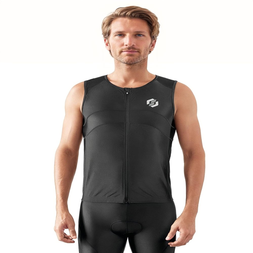 SLS3 Tri Top Men - Sleeveless Mens Triathlon Top PRO Premium FX Material - 3 Pocket Triathlon Shirts for Men (Solid Black, Small)