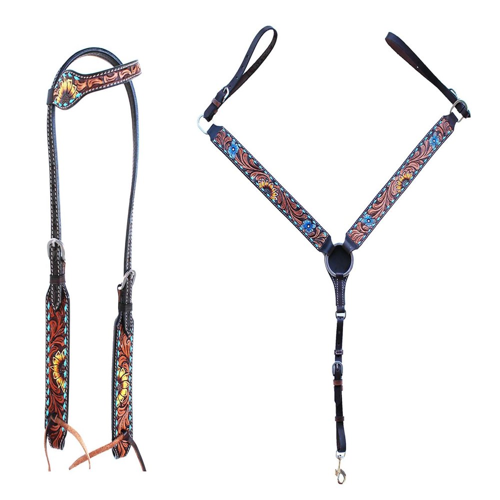 CHALLENGER Horse Western Floral Tooled Laced One Ear Tack Set Bridle Headstall Breast Collar 78HR02A