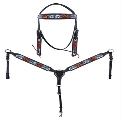 CHALLENGER Horse Western Floral Tooled Laced Browband Tack Set Bridle Headstall Breast Collar 78HR03B