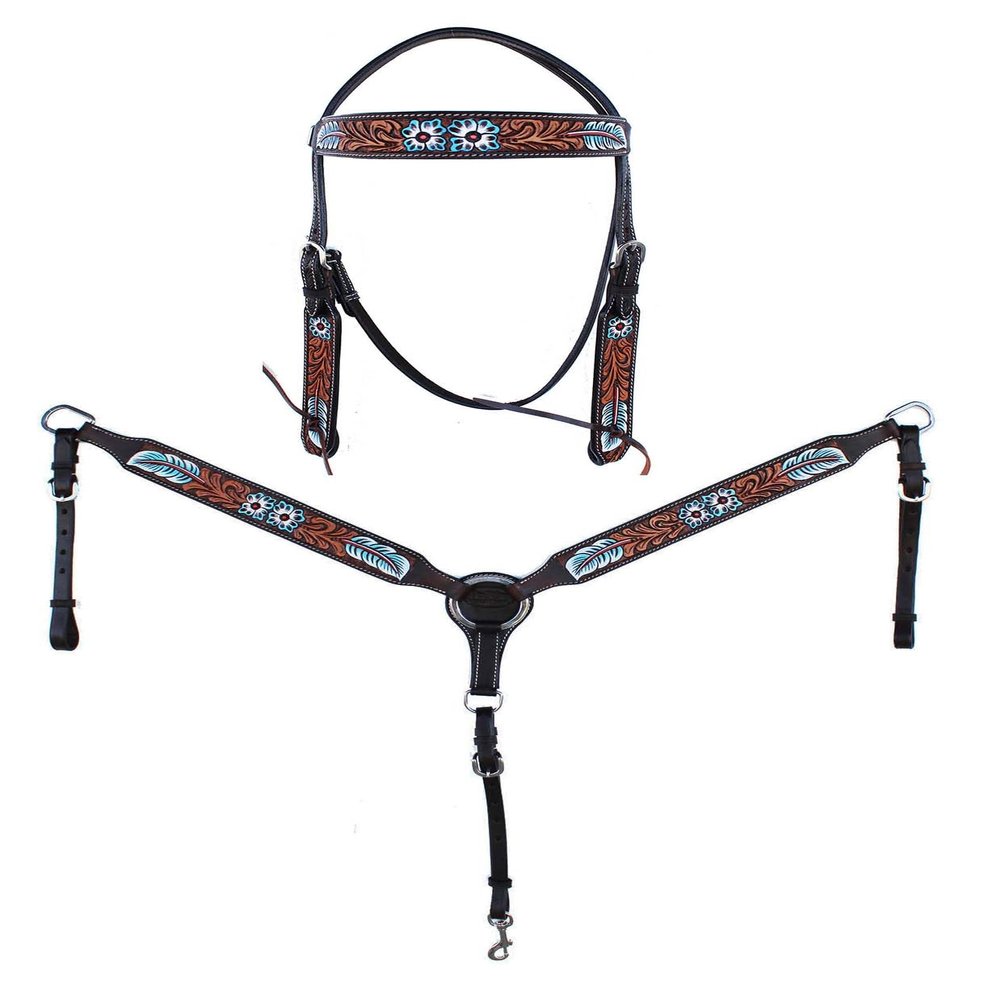 CHALLENGER Horse Western Floral Tooled Laced Browband Tack Set Bridle Headstall Breast Collar 78HR03B