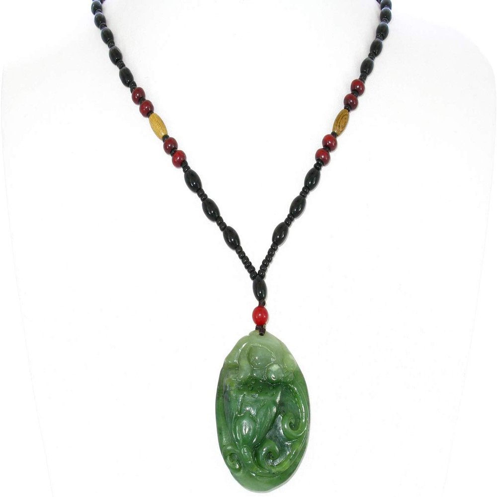 1.9" China Certified Nature Hetian Nephrite Green Jade Fortune Fish and Lotus Hand Carved Necklace Pendant 2530