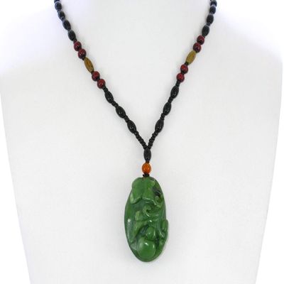 1.9" China Certified Nature Hetian Nephrite Green Jade Fortune Gourd and Ruyi Hand Caved Necklace Pendant 2529