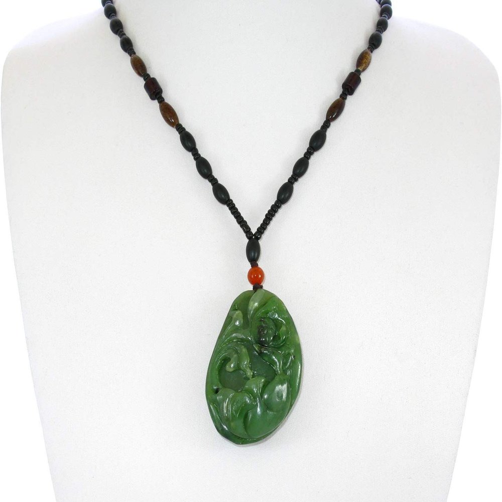2" China Certified Nature Hetian Nephrite Green Jade Fortune Fish and Lotus Hand Carved Necklace Pendant 2541