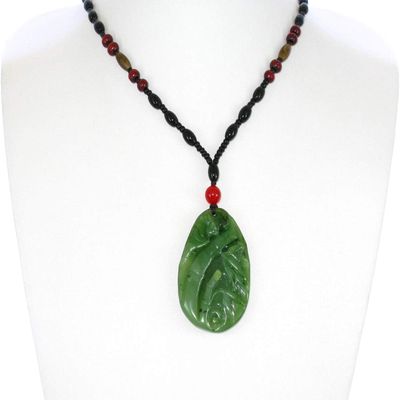 2.1" China Certified Nature Hetian Nephrite Green Jade Blessing Bat and Bamboo Hand Carved Necklace Pendant 2532