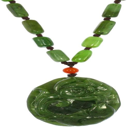 1.9" China Certified Nature Hetian Nephrite Green Jade Fortune Fish and Lotus Hand Carved Necklace Pendant 2528