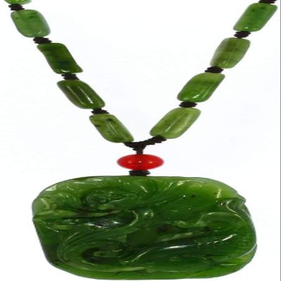 2" China Certified Nature Hetian Nephrite Green Jade Wealth Fish and Lotus Hand Carved Necklace Pendant 2525