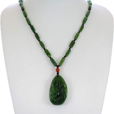 1.8" China Certified Nature Hetian Nephrite Green Jade Lucky Duck and Lotus Hand Carved Necklace Pendant 2548