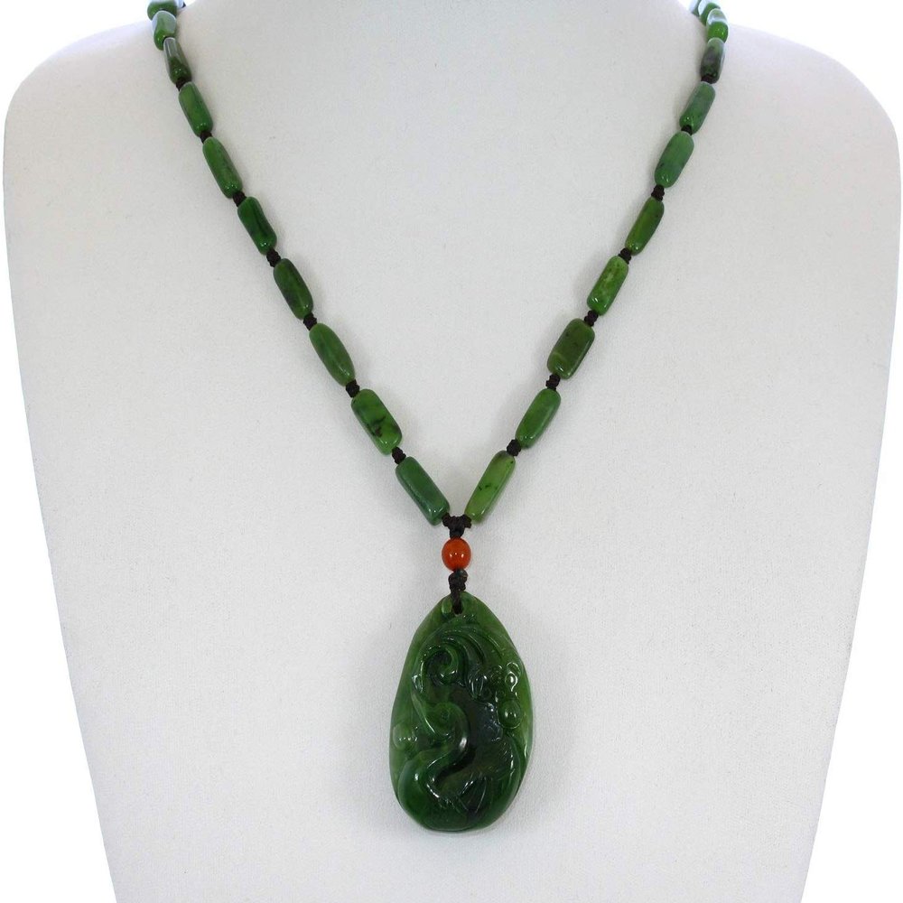 1.8" China Certified Nature Hetian Nephrite Green Jade Lucky Duck and Lotus Hand Carved Necklace Pendant 2548