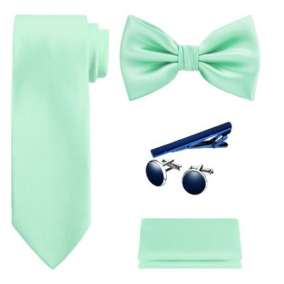 TIE G 5pcs Tie Set in Premium Gift Box : Solid Color Necktie, Satin Bow Tie, Pocket Square, Tie Bar, Cuff Links (D-BB Mint)