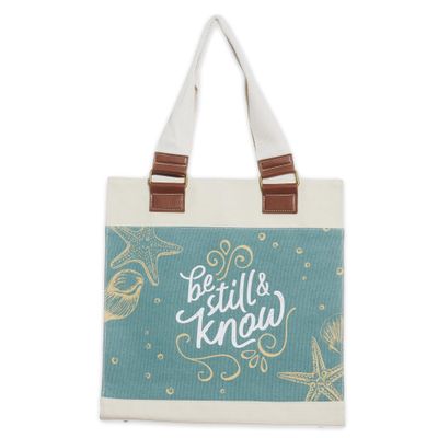 Christian Art Gifts Blue Coastal Canvas Tote Bag for Women: Be Still and Know - Psalm 46:10 Inspirational Bible Verse Tote Bag, Magnetic Closure Heavy Cotton Canvas Lined Handbag for Travel, Non-woven