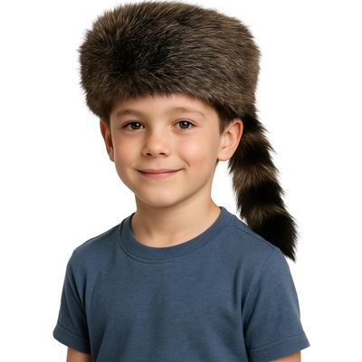 ArtCreativity Faux Fur Raccoon Hat for Kids and Adults - Animal Coonskin Cap with Faux Fur Tail - Wild Frontiersman Davy Crocket Costume Accessory - Soft Plush Polyester Fabric