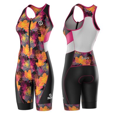 SLS3 Triathlon Suits Women  Sleeveless Trisuit Women - Premium FX Fabric, Tri Suit Womens Triathlon Suit, No Shelf Bra (Pink Sunrise Blooms, X-Small)