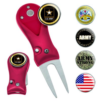 Clip Wipes Army Divot Tool & 5 Ball Markers (Red)