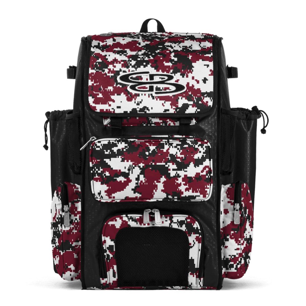 Boombah Superpack Bat Pack -Backpack Version (no wheels) - Holds 4 Bats - Camo Black/Cardinal - For Baseball or Softball