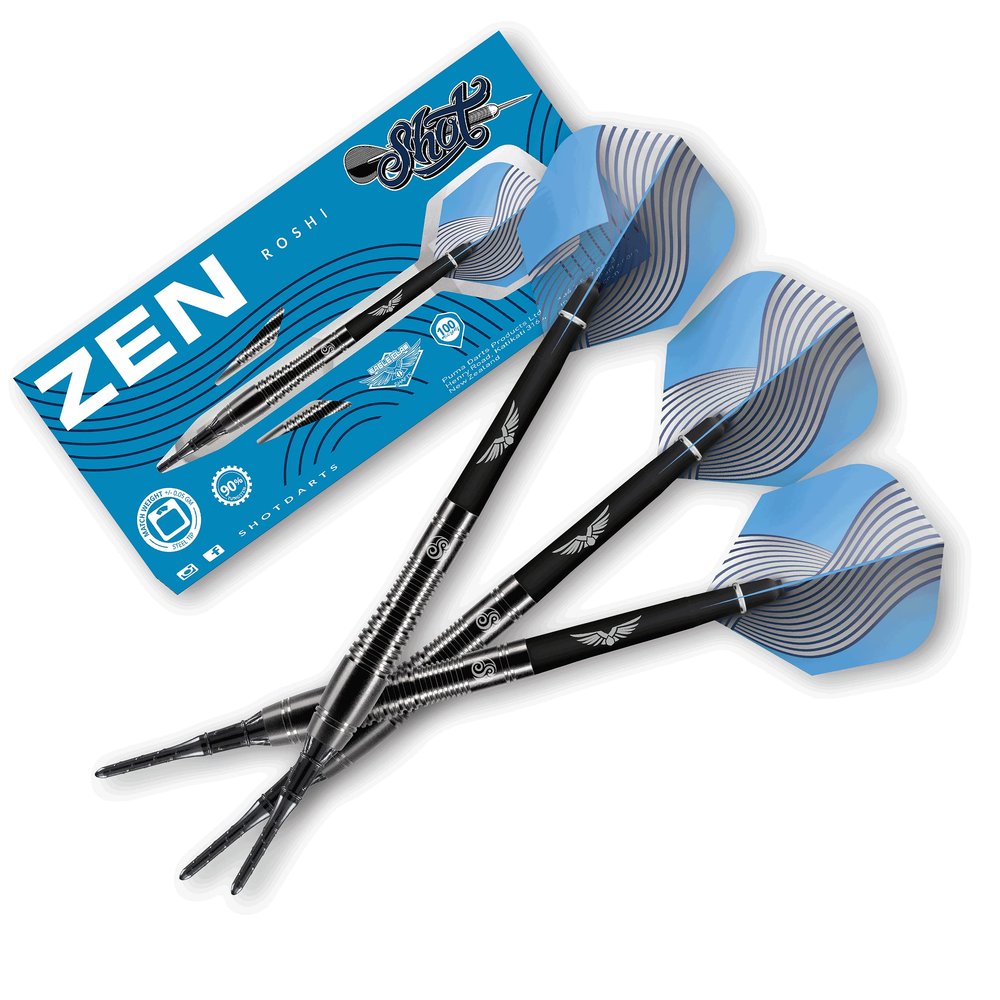 Shot Darts Soft Tip, Zen Roshi (18g/20g), 90% Tungsten Barrels, Front Balanced for Maximum Aerodynamics | Professional Soft Tip Darts Set for Electronic Dartboard | Made in New Zealand