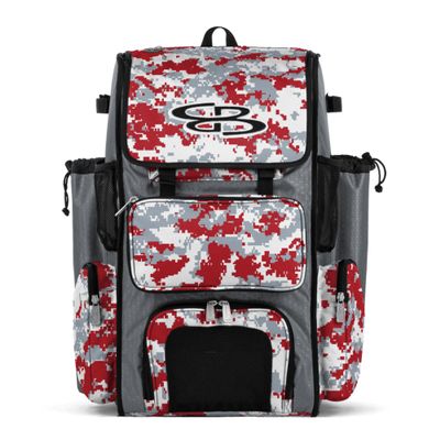 Boombah Superpack Bat Pack -Backpack Version (no wheels) - Holds 4 Bats - Camo Gray/Red - For Baseball or Softball
