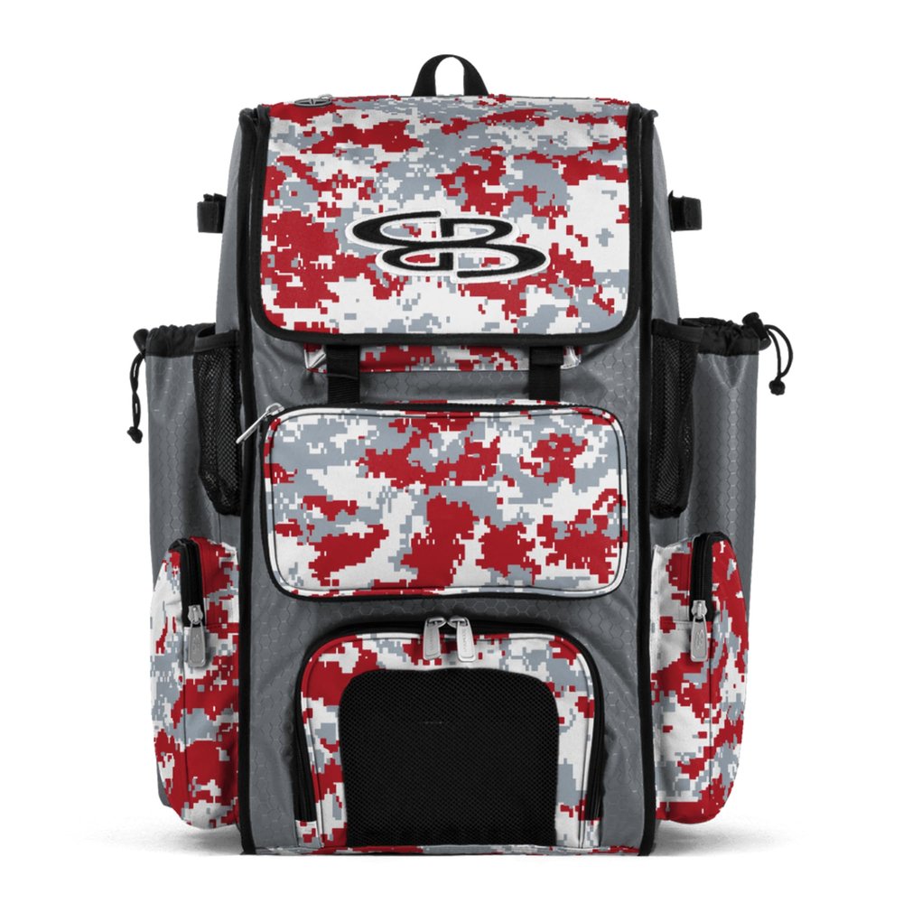 Boombah Superpack Bat Pack -Backpack Version (no wheels) - Holds 4 Bats - Camo Gray/Red - For Baseball or Softball