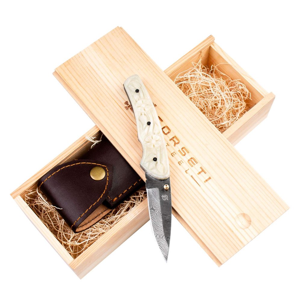 Forseti Steel Barca Damascus Steel Folding Knife with Carved Bone Handle