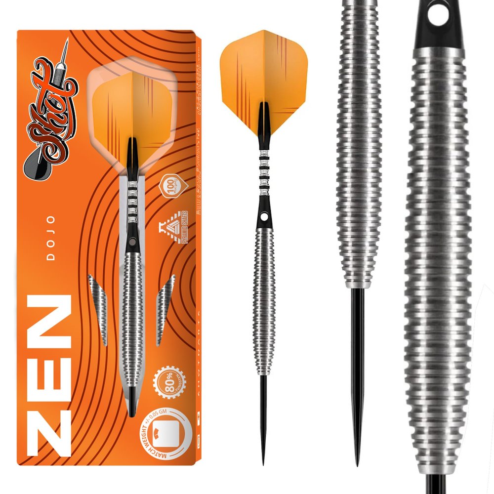 Shot! Darts Zen Dojo Steel Tip Dart Set | 80% Tungsten Barrel | Torpedo Shape Front Balanced | Handcrafted Professional Darts with Flights | Steel Tip for Bristle Dartboard | Made in New Zealand