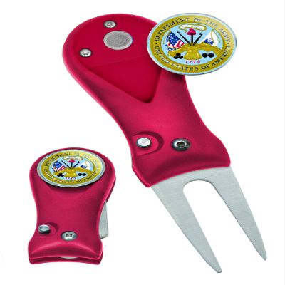 Clip Wipes Army Divot Tool Switchblade Style with Ball Marker (Red-Shield)