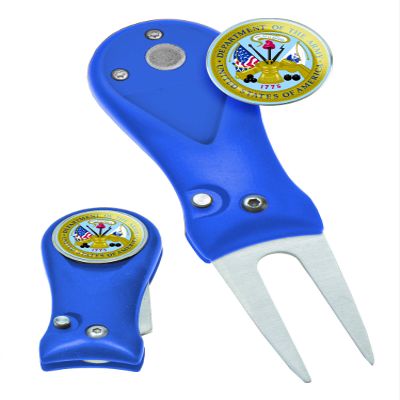 Clip Wipes Army Divot Tool Switchblade Style with Ball Marker (Blue-Shield)