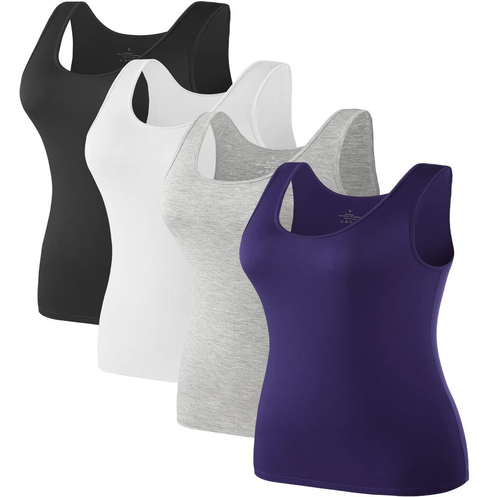 Air Curvey 4 Pack Tank Top for Women Basic Undershirt Tanks Sleeveless Casual Shirts Soft Seamless Layering Tops Black White Grey Navy M