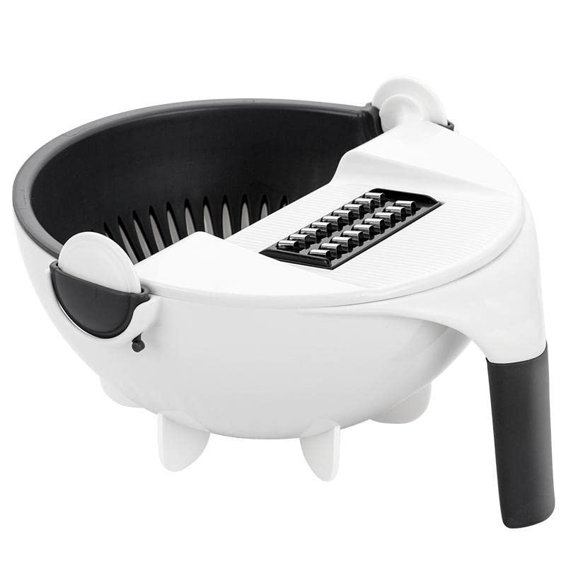 Rotate The Vegetable Cutter with Drain Basket Magic 9 in 1 Slicer, Multi-Functional Large Capacity Veggie Fruit Shredder Grater Slicer Kitchen Tool with 8 Dicing Blades (White)