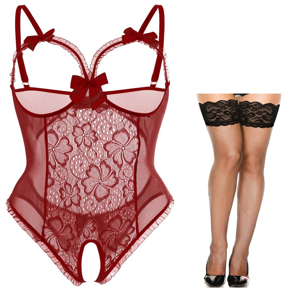 Lingerie for Women One-Piece Teddy Lingerie Sexy Bodysuit Lace Nightie S-3XL(A-Wine Red,2XL)