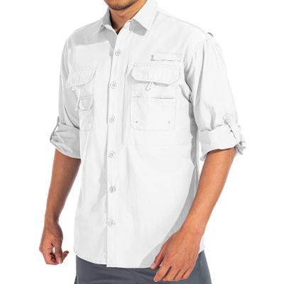linlon Mens Safari Shirts Long Sleeve UV Protection Hiking Fishing UPF 50+ Quick Dry Cooling Camping Travel Shirts#5066-White-S