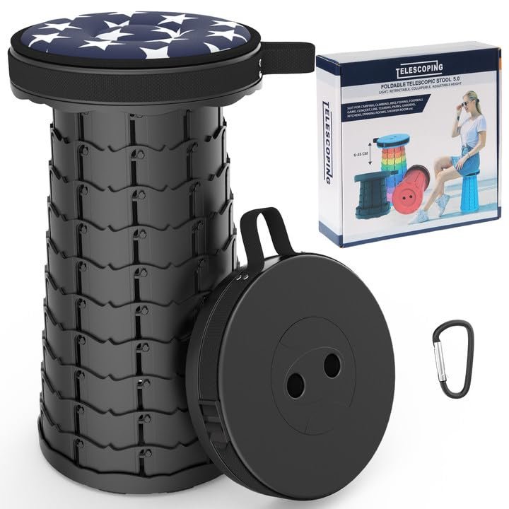 ALEVMOOM Telescoping Stool with Cushion, Collapsible Retractable More Sturdy Capacity 440Ib, Portable Camping Adjustable Folding Stool for Garden Fishing Hiking Mountain BBQ