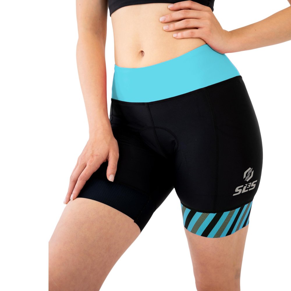SLS3 Triathlon Shorts Women - Super Comfy 6" Tri Shorts Women Triathalon Short - Slim Athletic Fit Womens Tri Shorts FRT, Padded, 2 Pockets (Black/Martinica Blue, Large)