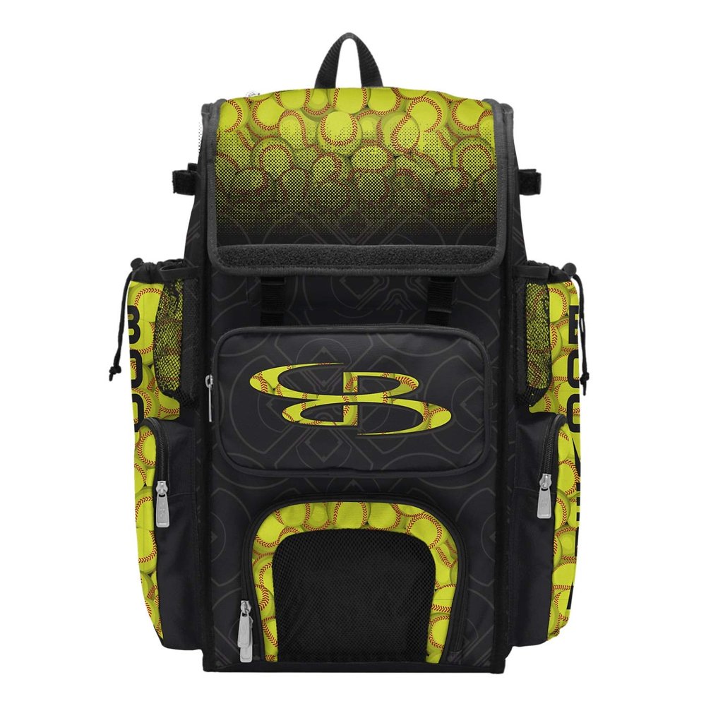 Boombah Superpack Bat Bag - Backpack Version (no wheels) - Holds 4 Bats - Softball Black/Optic Yellow/Red