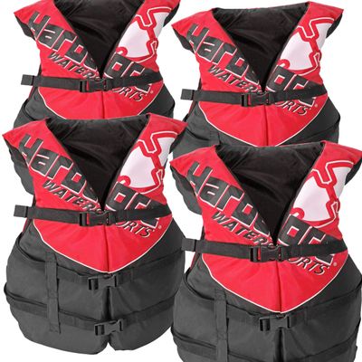 4 Pack Hardcore Coast Guard Type III PFD for Adults; Life Jacket Paddle Vest for Adults; Life Vest Flotation Device; Jet ski, Wakeboard, Kayak; Extra Life Jacket for Pontoon Boat Red