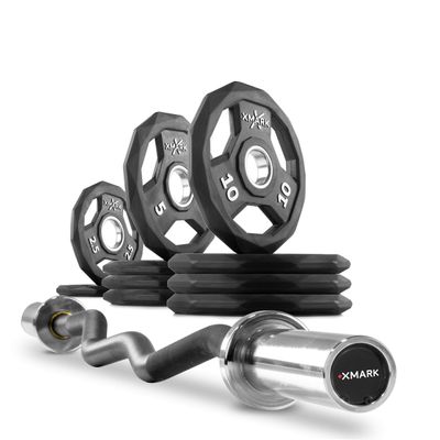 XMark Olympic Bar Curl Bar with Weights Offer, Olympic Weights 65 lb Set of Black Diamond Olympic Weight Plates, Premium Quality, Rubber Coated with EZ Curl Bar, Black Manganese 28mm XM-3675