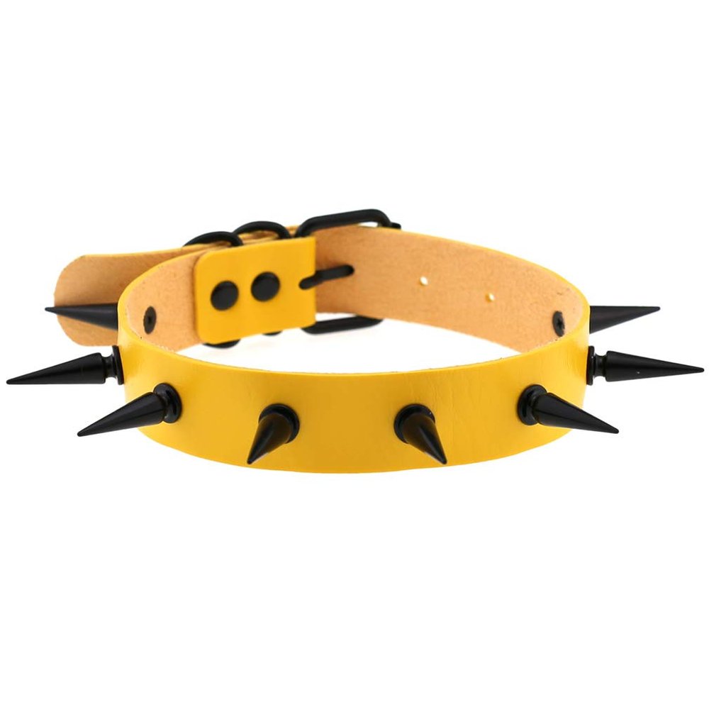 FM FM42 Yellow Simulated Leather PU Black-tone Spikes Rivets Punk Rock Gothic Choker Collar Necklace PN2844