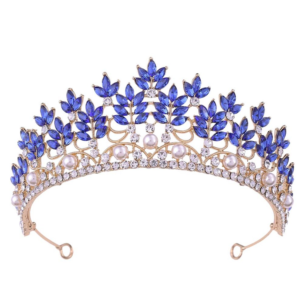 1pc Golden Blue Rhinestone Crown Leaf Shape Tiara Vintage Queen Crown for Wedding Birthday Party