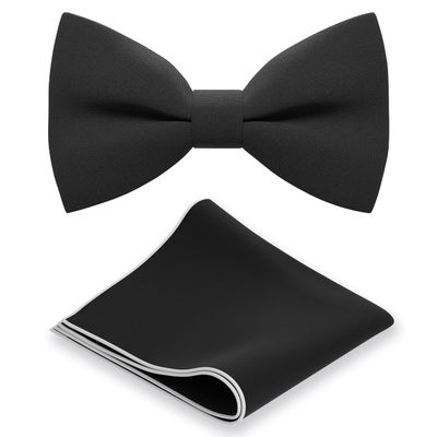 Bow Tie House Classic Pre-Tied Bow Tie Set Formal Pocket Square Solid Hanky Tuxedo with Handkerchief set (Large, Black)