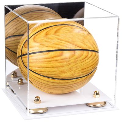 Better Display Cases Acrylic Mini - Miniature (not Full Size) Basketball Display Case with Mirror, Gold Risers and White Base (A015-GR)