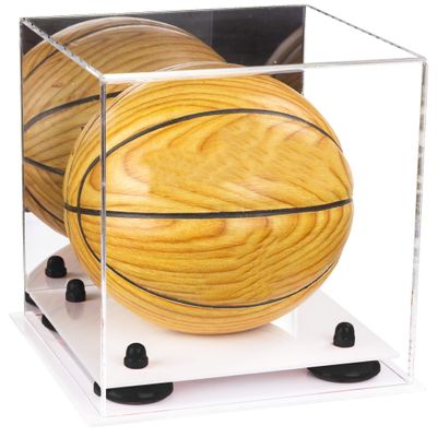 Better Display Cases Acrylic Mini - Miniature (not Full Size) Basketball Display Case with Mirror, Black Risers and White Base (A015-BR)