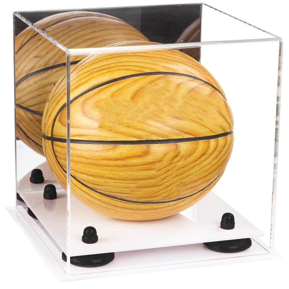 Better Display Cases Acrylic Mini - Miniature (not Full Size) Basketball Display Case with Mirror, Black Risers and White Base (A015-BR)