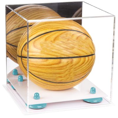 Better Display Cases Acrylic Mini - Miniature (not Full Size) Basketball Display Case with Mirror, Light Blue Risers and White Base (A015-BLR)
