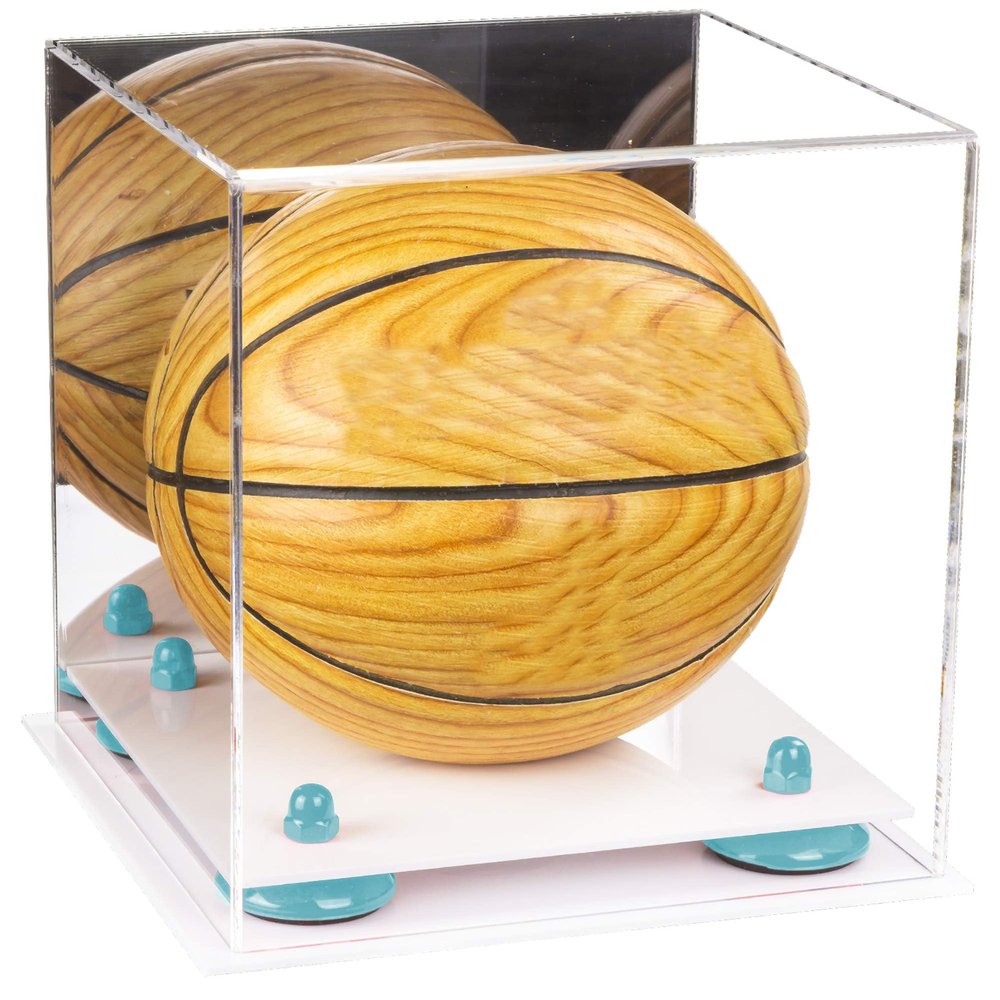 Better Display Cases Acrylic Mini - Miniature (not Full Size) Basketball Display Case with Mirror, Light Blue Risers and White Base (A015-BLR)