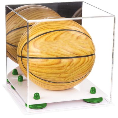 Better Display Cases Acrylic Mini - Miniature (not Full Size) Basketball Display Case with Mirror, Green Risers and White Base (A015-GRR)