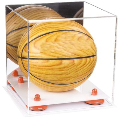 Better Display Cases Acrylic Mini - Miniature (not Full Size) Basketball Display Case with Mirror, Orange Risers and White Base (A015-OR)