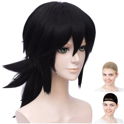 CaseEden Cosplay Wig, Giyu Tomioka, Giyu Tomioka, Water Column, Black, Black Hair, White Melce Wig Net, Set of 2