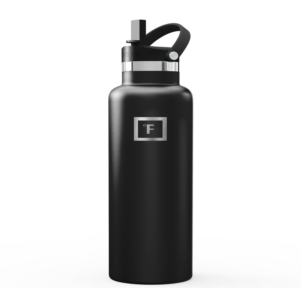 IRON FLASK Camping & Hiking Hydration Flask with Straw, BPA-Free Insulated Stainless Steel Sports Water Bottle - 24 oz Midnight Black