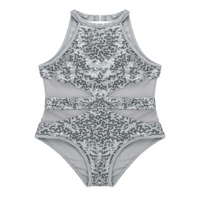 Aislor Kids Big Girls Sequins Mesh Halter Cutouts Back Ballet Dance Gymnastics Leotard Jumpsuit Dance Costumes Grey 6 Years