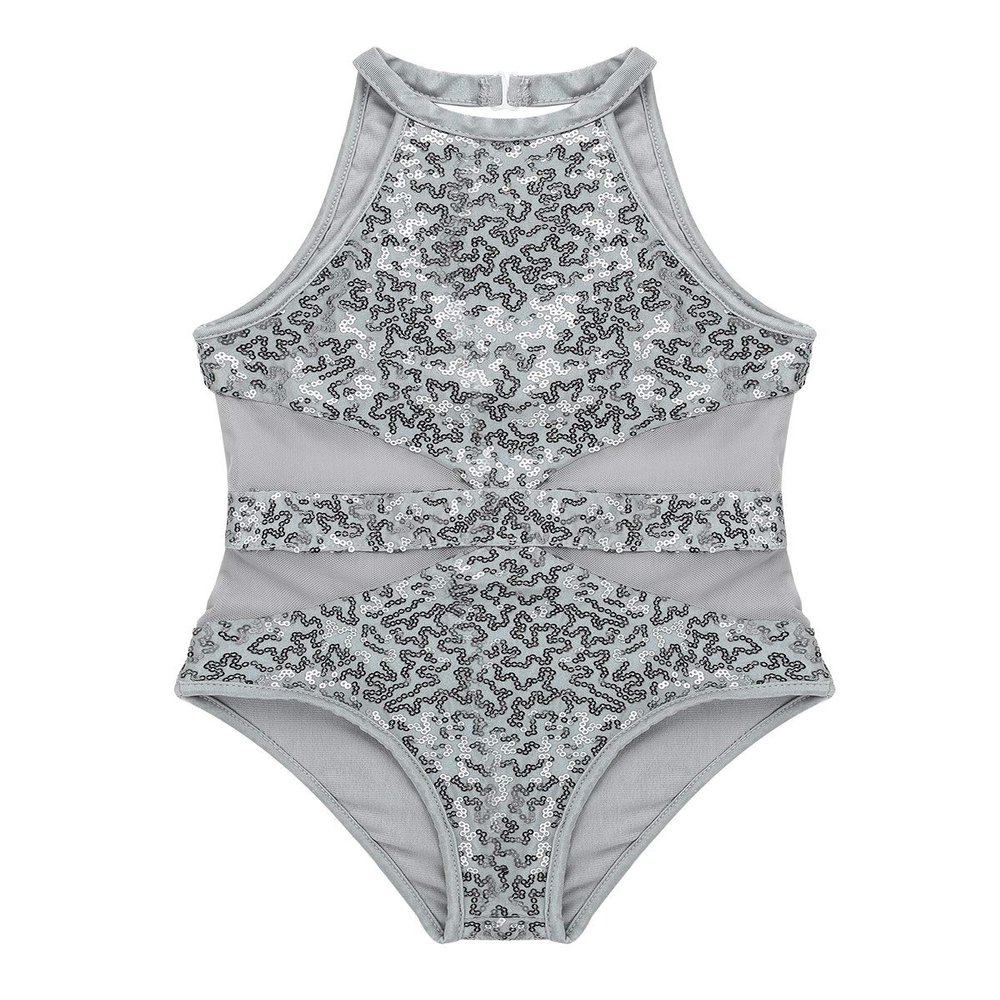 Aislor Kids Big Girls Sequins Mesh Halter Cutouts Back Ballet Dance Gymnastics Leotard Jumpsuit Dance Costumes Grey 6 Years