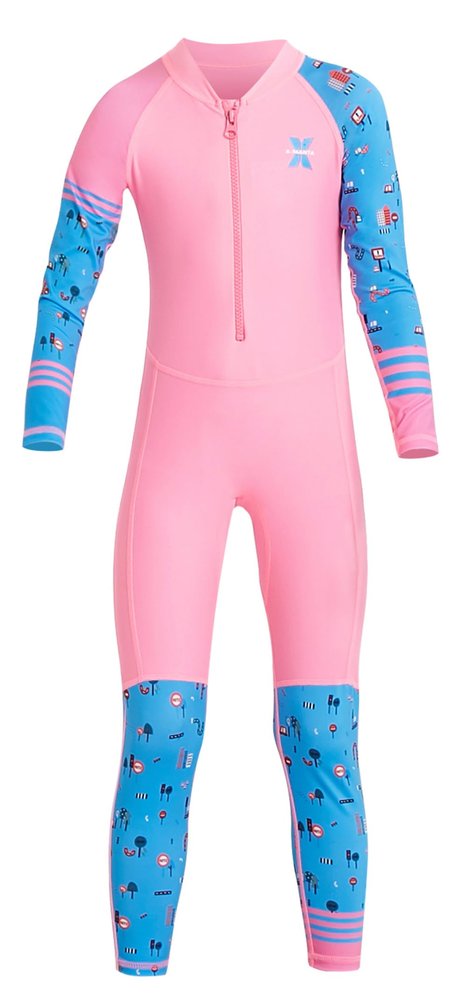 Girls Sunsuit One Piece Full Suit Swimsuit Rash Guard Soft Sun Protective Long Sleeve Bodysuit Swimwear Pink M